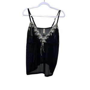 Cacique Lingerie  Chemise Top Sleepwear Sheer Women's 22/24 Black Nighty Floral